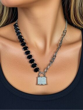 paparazzi Silver Padlock Necklace with Black Stones